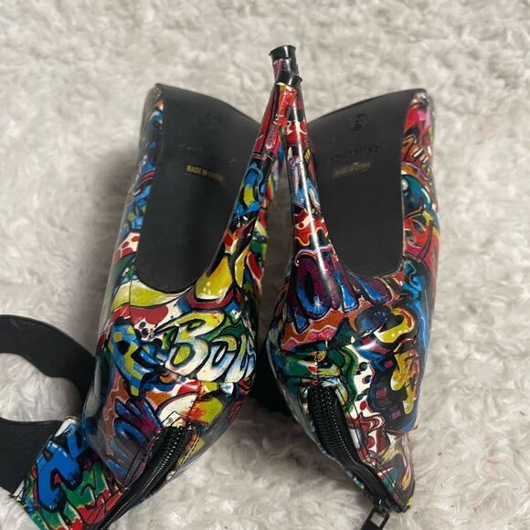 Dollhouse Graffiti print multi color ankle strap heels back zipper  SZ9 - Picture 9 of 13